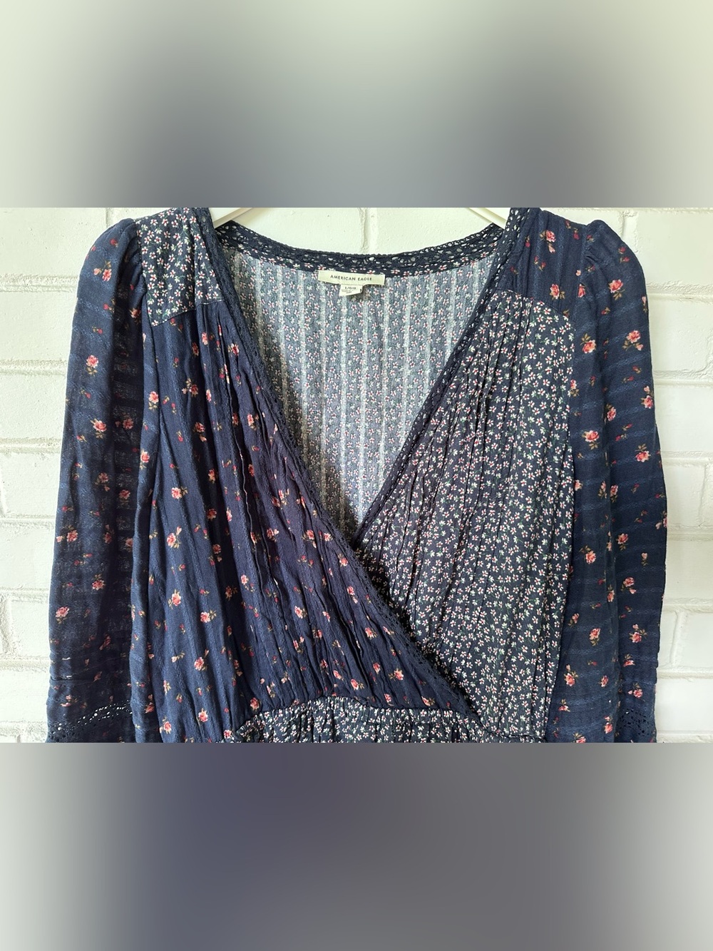 American Eagle Mixed Floral Print Boho Faux Wrap Mini Dress - Size L - Picture 2 of 7